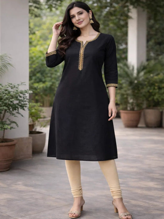 Women's Black Cotton Straight Kurta with Sequin Border V-Neck