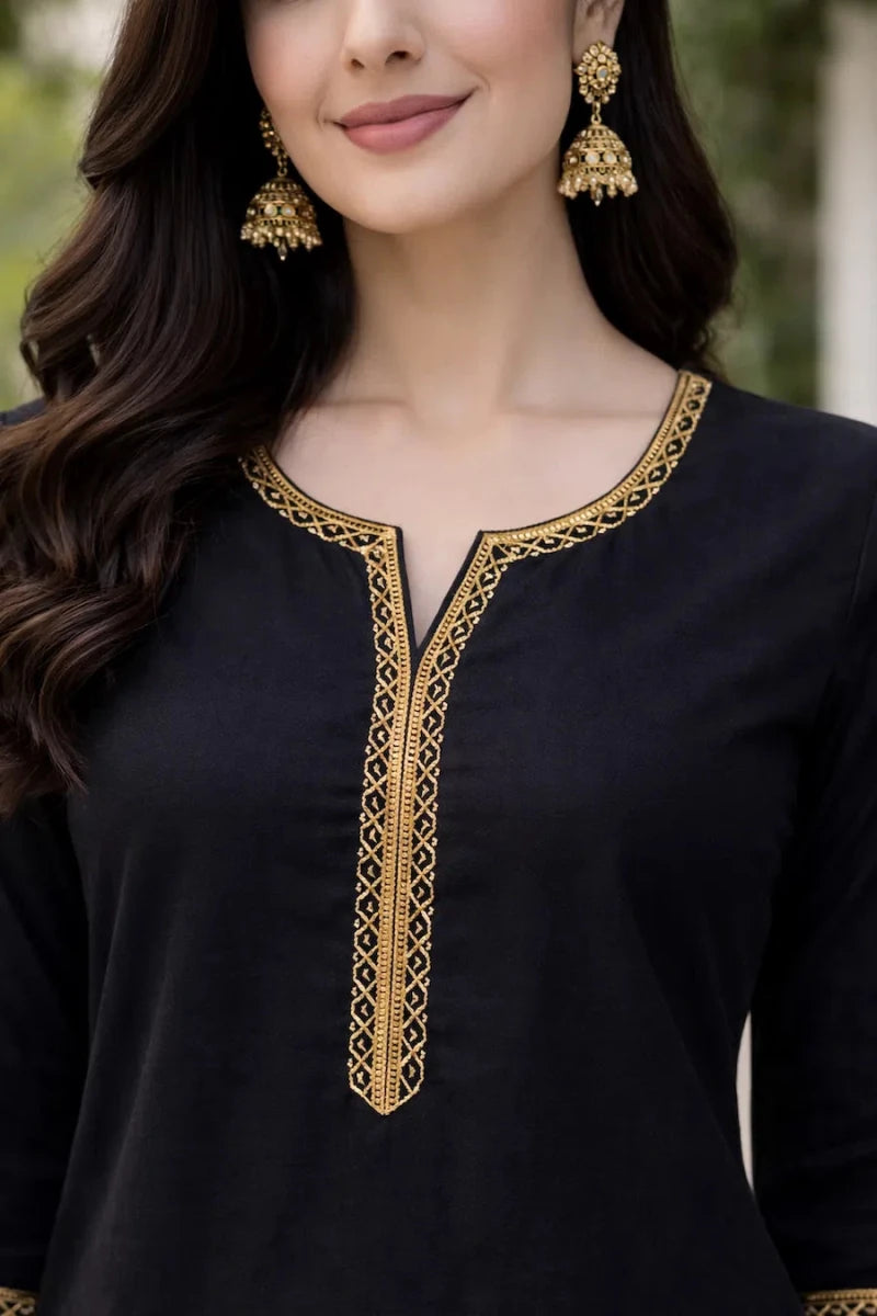 Women's Black Cotton Straight Kurta with Sequin Border V-Neck