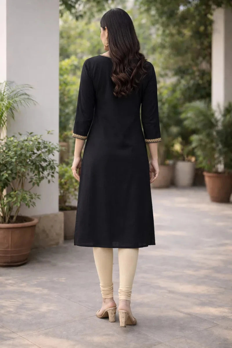 Women's Black Cotton Straight Kurta with Sequin Border V-Neck