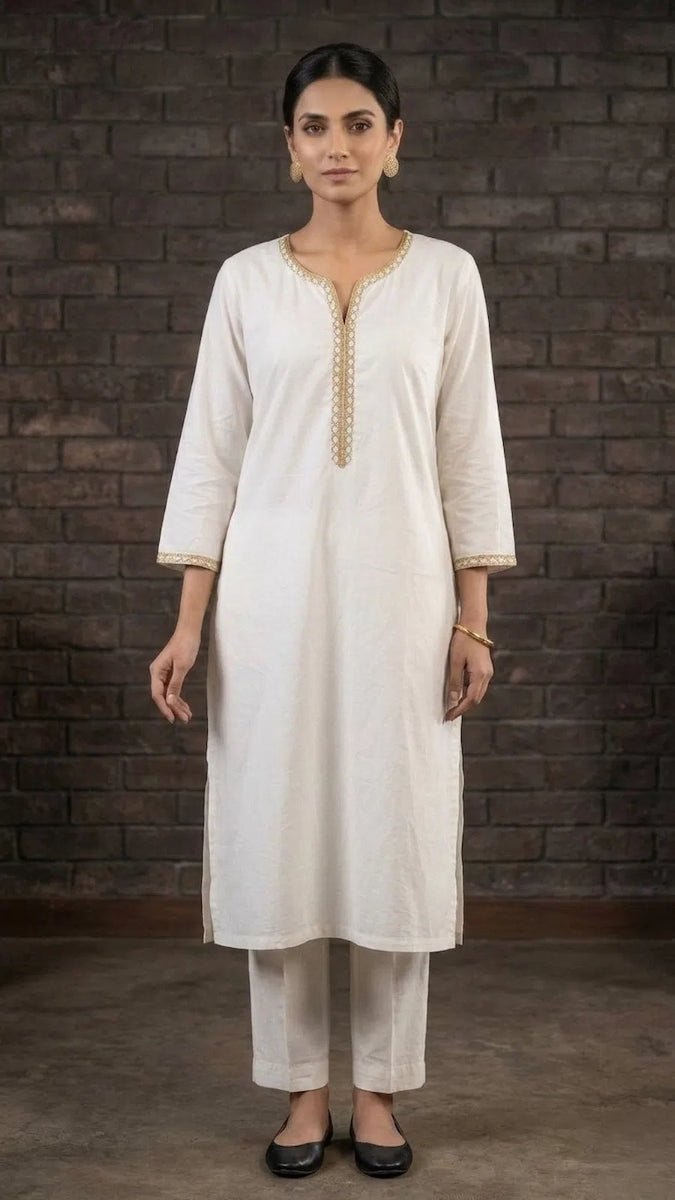 Women's Cotton Straight Kurta with Sequin Border V-Neck
