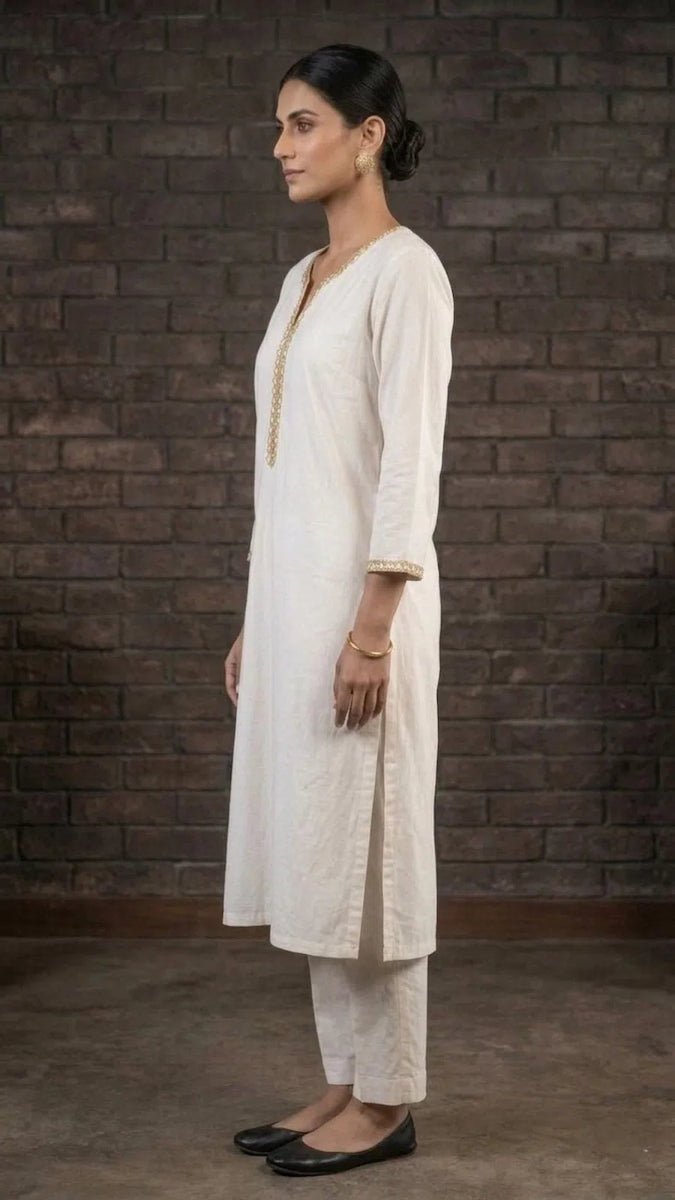 Women's Cotton Straight Kurta with Sequin Border V-Neck