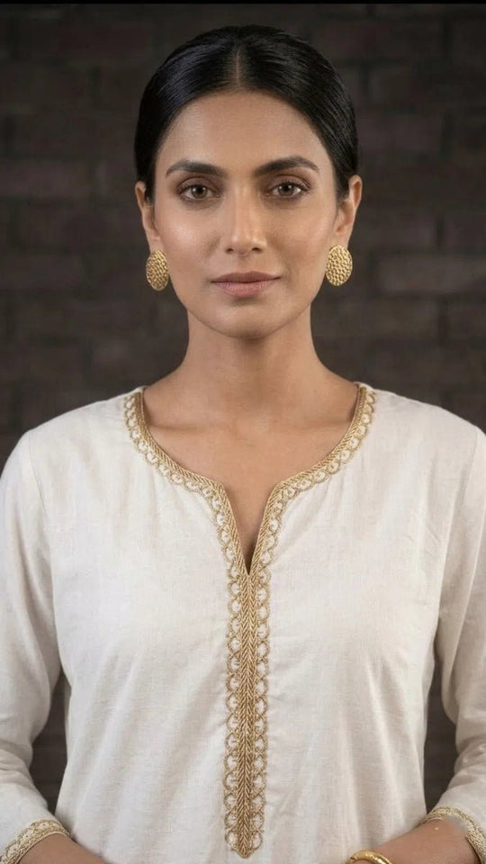 Women's Cotton Straight Kurta with Sequin Border V-Neck