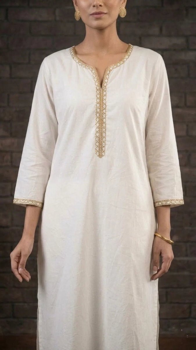 Women's Cotton Straight Kurta with Sequin Border V-Neck