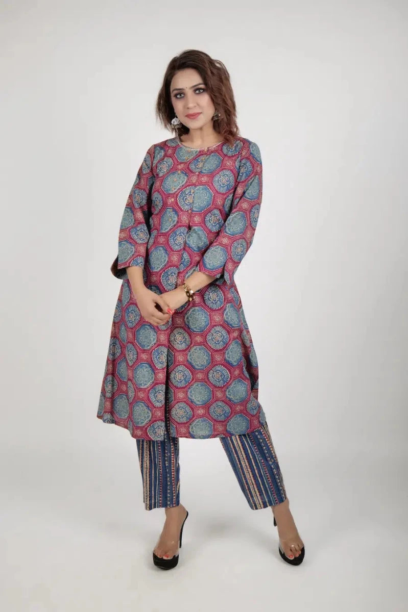 women-s-floral-printed-shirt-collar-a-line-kurta-with-trousers