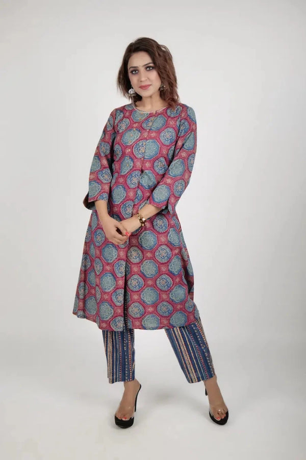 Women’s Floral Printed Shirt - Collar A - Line Kurta with Trousers product_color 2 Pcs Set