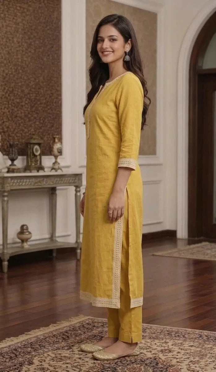 Women's Mustard Yellow Embroidered Straight Kurta