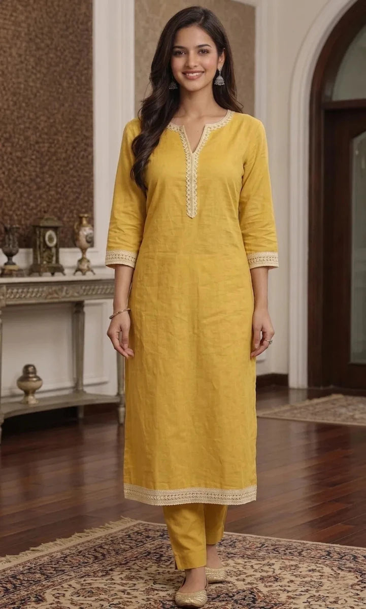 Women's Mustard Yellow Embroidered Straight Kurta