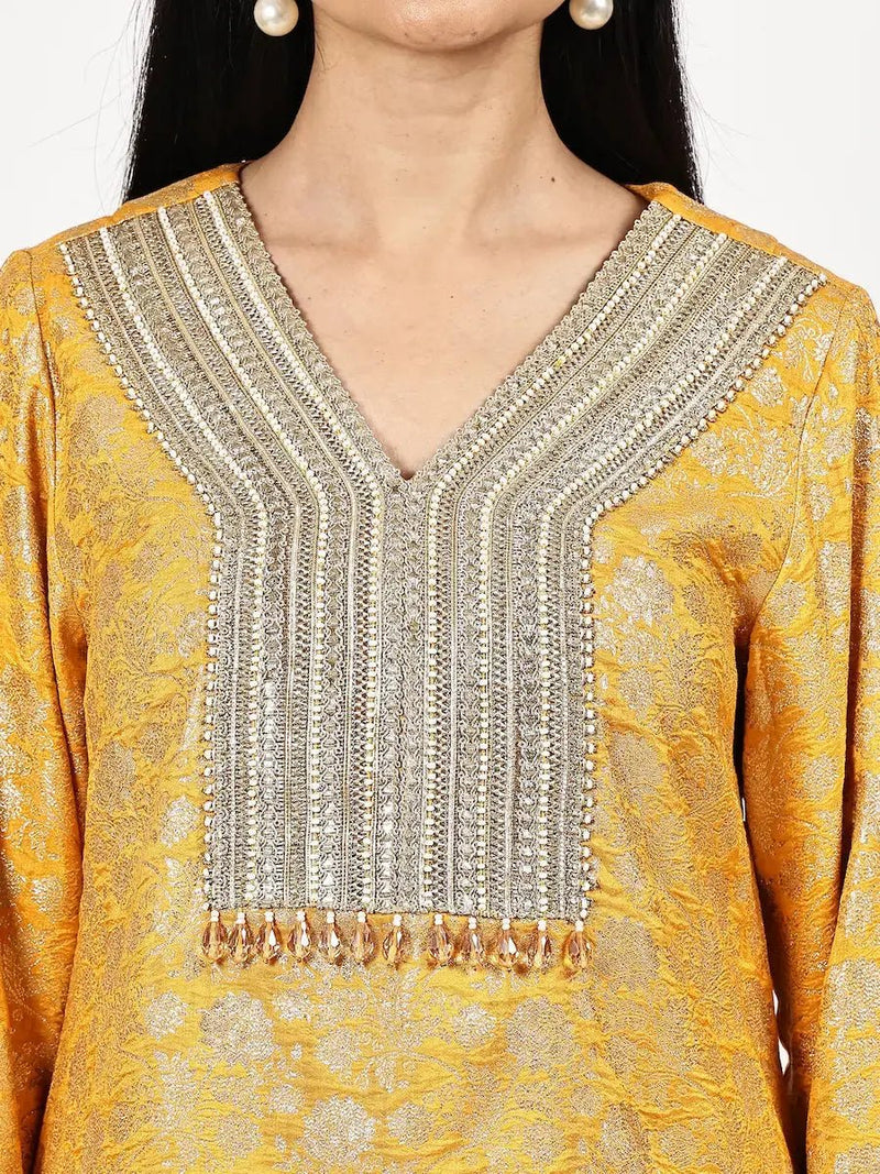 Yellow Silk Jacquard Kurta Set Dupatta Elegant Festive Party Wear
