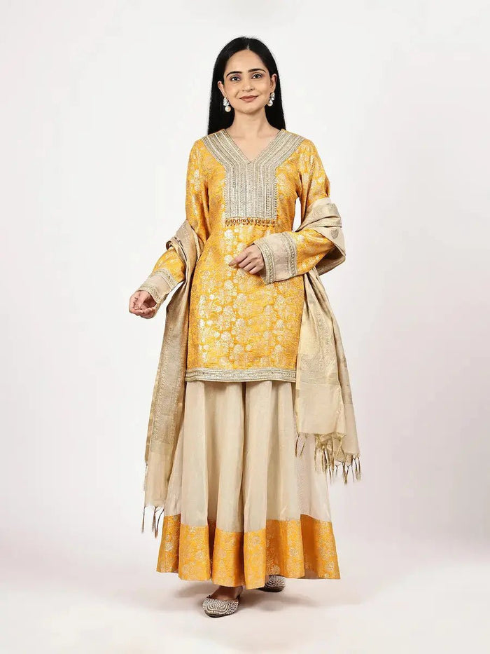 Yellow Silk Jacquard Kurta Set Dupatta Elegant Festive Party Wear product_color KURTA SET