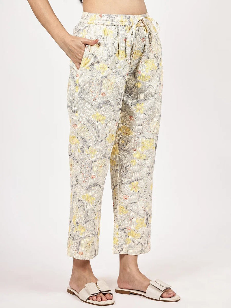 Yellow & White Schiffli Co-ord Set with Digital Print