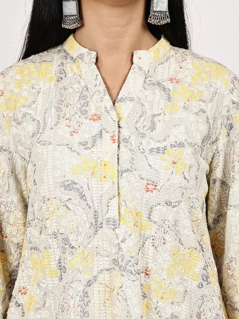 Yellow & White Schiffli Co-ord Set with Digital Print