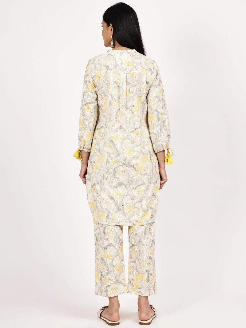 Yellow & White Schiffli Co-ord Set with Digital Print