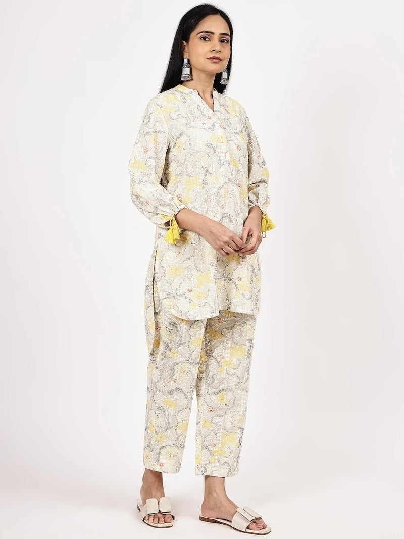 Yellow & White Schiffli Co-ord Set with Digital Print