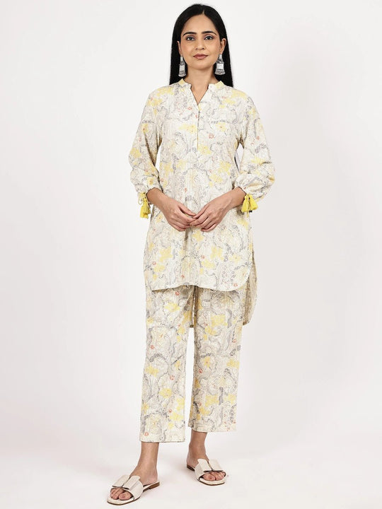 Yellow & White Schiffli Co-ord Set with Digital Print