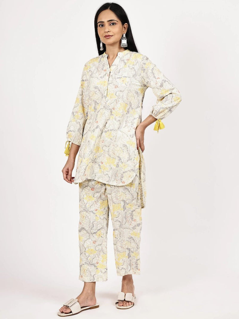 Yellow & White Schiffli Co-ord Set with Digital Print